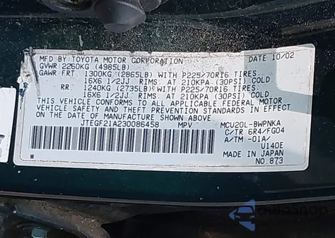 2003 Toyota Highlander V6 z USA, uszkodzony, nr VIN JTEGF21A230086458